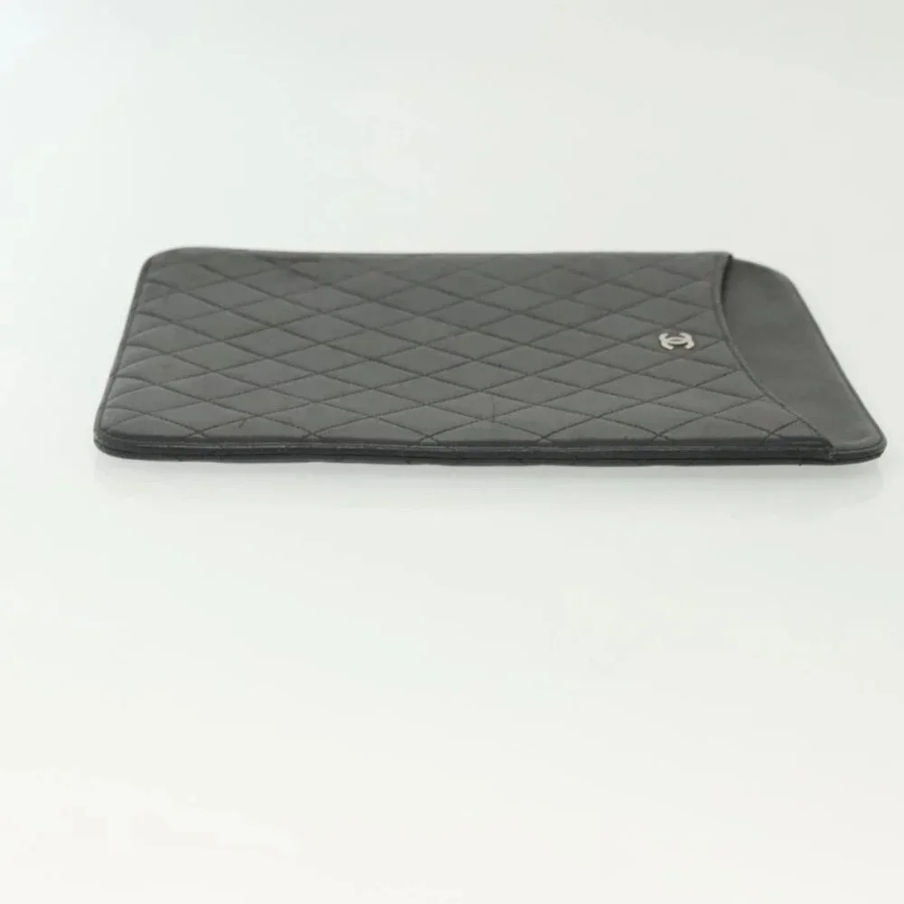 CHANEL Matelasse iPad Case Lamb Skin Black Silver CC Auth 141696